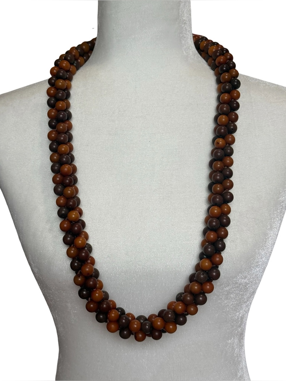 Vintage Hawaiian Kukui Nut Lei 4 Strand Box Weave Necklace Heavy Polished Brown